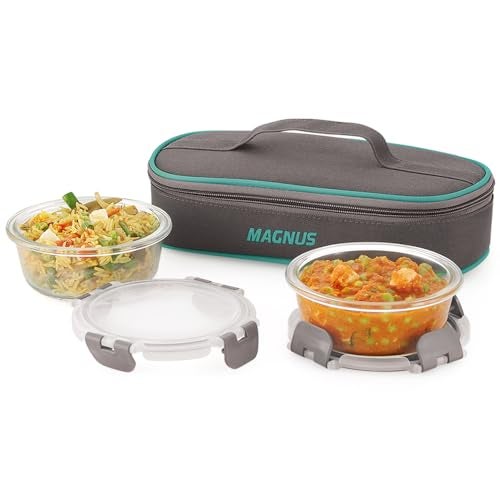 Magnus Glock Solid Glass Lunch Box with Flat Pouch and Detachable Clip, Includes 2 Round Airtight, Leakproof, Microwave Safe Borosilicate Glass Containers, 400 ML Each - Premium Lunch Boxes - Image 1