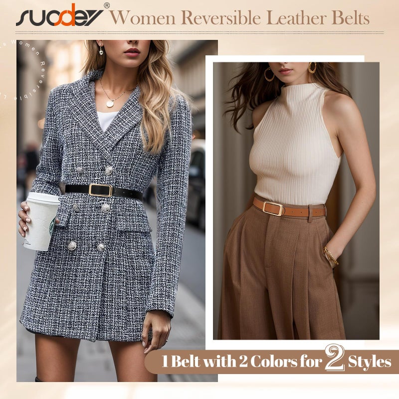 SUOSDEY Women Reversible Leather Belts for Jeans Pants Dresses Ladies Fashion Belts with Gold Buckle,Width 0.9" - Image 2