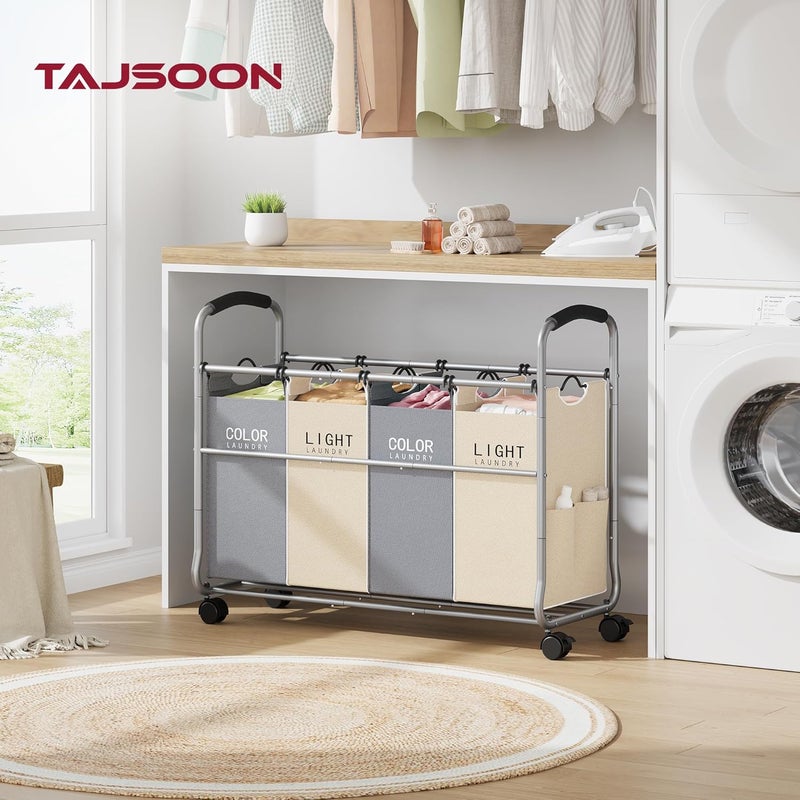 Tajsoon جهاز تصنيف الملابس تاجسون بأربعة أقسام، سلة فصل الملابس مزودة بعجلات دوارة قوية قابلة للقفل، حاجز للملابس مع أكياس قابلة للإزالة لتخزين الملابس المتسخة، الألوان: بيج ورمادي - Image 2