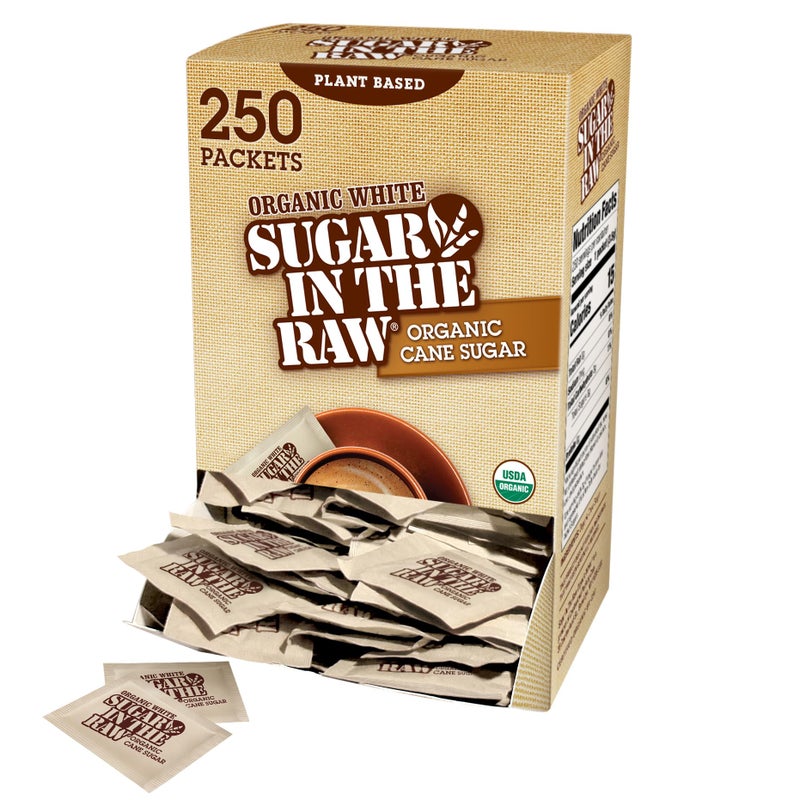 Sugar In The Raw Organic Granulated White Premium Cane Sugar No Added Flavors or erythritol Pure Natural Sweetener Hot Cold Drinks Coffee Tea Vegan GlutenFree NonGMO Bulk Sugar 250 ct packets 1Pack