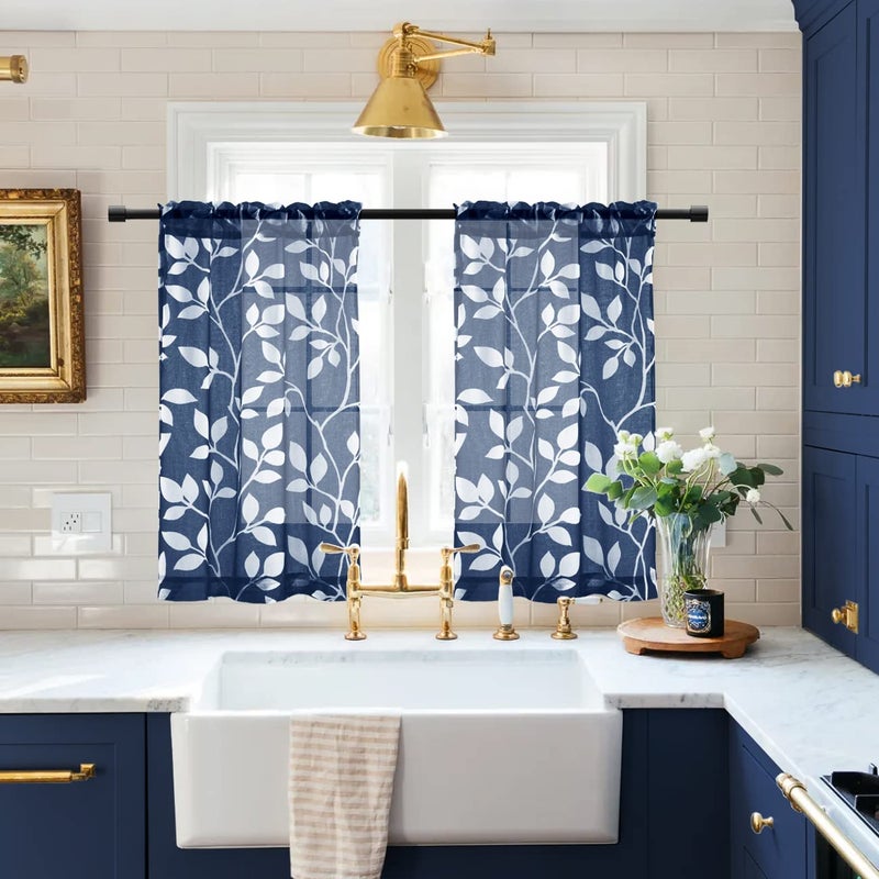 XTMYI Kitchen Curtains 24 Inch Length Set of 2 Pack Sheer Cafe Curtains for Small Bathroom WindowBlue