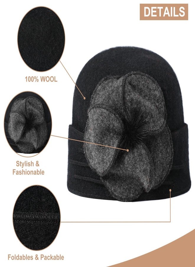 Sumolux Beanie Hats for Women Wool Beret Floral Cuffed Skull Cap French Vintage Dress Cloche Classic Winter 1920s Black Green - Image 4