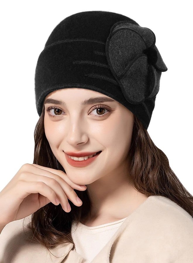 Sumolux Beanie Hats for Women Wool Beret Floral Cuffed Skull Cap French Vintage Dress Cloche Classic Winter 1920s Black Green - Image 1