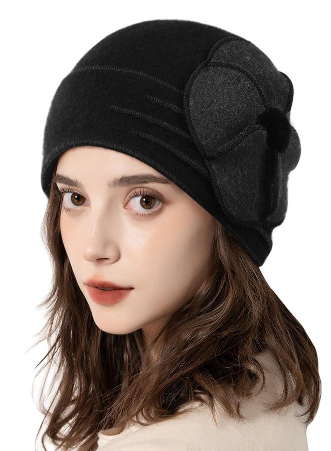 Sumolux Beanie Hats for Women Wool Beret Floral Cuffed Skull Cap French Vintage Dress Cloche Classic Winter 1920s Black Green - Image 2