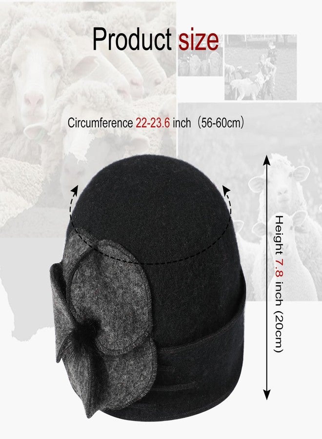 Sumolux Beanie Hats for Women Wool Beret Floral Cuffed Skull Cap French Vintage Dress Cloche Classic Winter 1920s Black Green - Image 5