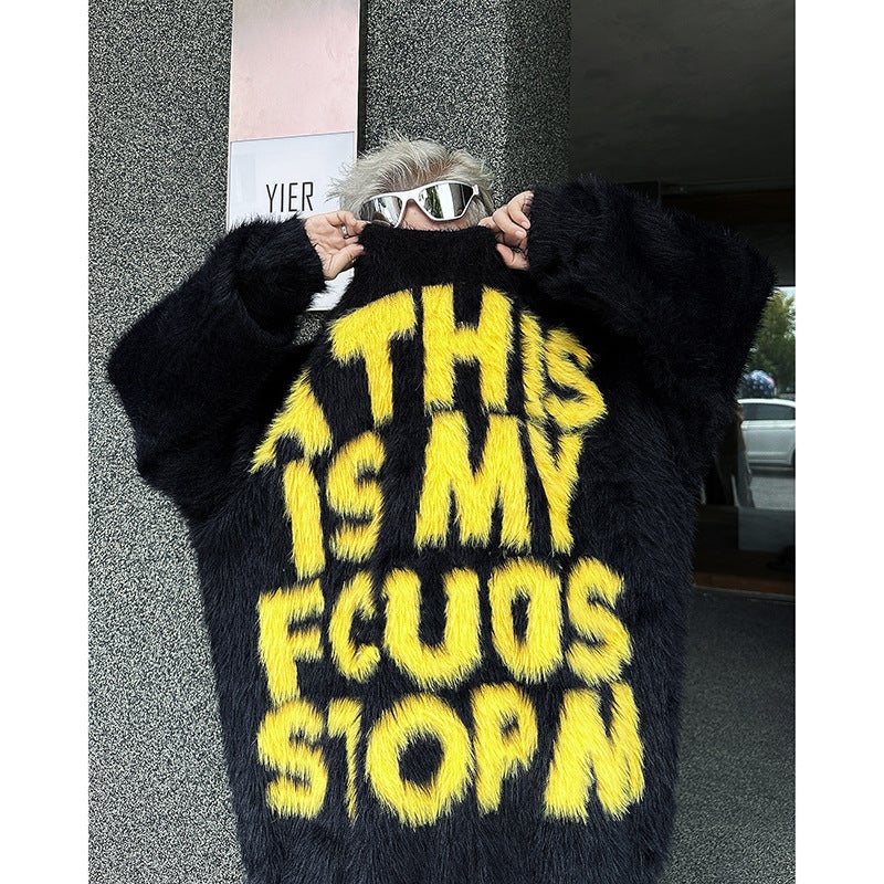 American Letter Couple Sweater Mens and Womens Retro Lazy Style Autumn and Winter Fashion Brand All-match Street Casual Sweater Jacket Black  - Image 1