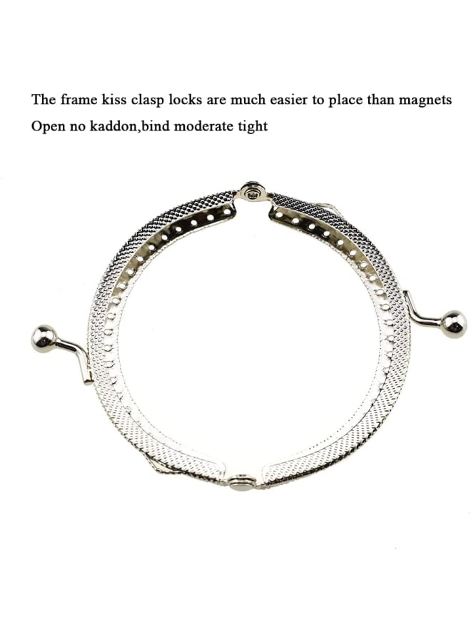 Purse Round Bag Kiss Clasp Frame Lock 8.5cm Diameter Rectangle Clutch Metal Vintage Latch Clip Smooth Open Close Sturdy No Scratch Loose Gap for DIY Crochet Fabric Coin Leather Bag 6pcs Silver - Image 4