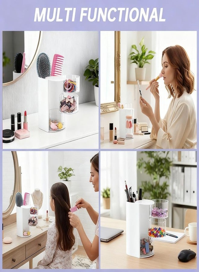 WeiLingBo 3-Layer Hair Accessories Organizer with Hair Brush Holder,Rotatable Makeup Brush Holder for Necklaces,Earring, Bracelet,Ring,Desktop Organizer Case for Cotton Swab(White) - Image 3