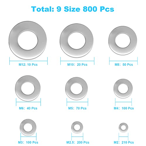 YLYL 800 Pcs 304 Stainless Steel Flat Washers for Screws Bolts, Fender Washers Assortment Set, Assorted Hardware Lock Metal Washers Kit (9 Sizes-M2 M2.5 M3 M4 M5 M6 M8 M10 M12) for Home, Factories etc YLYL - Image 2