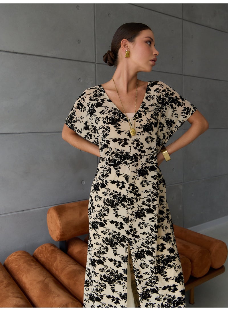 AURA Women’s Beige Velvet Floral Mesh Kaftan Dress – Sheer Beach Cover-Up, Resort Layering Midi Dress, Summer Vacation Outfit - Image 2