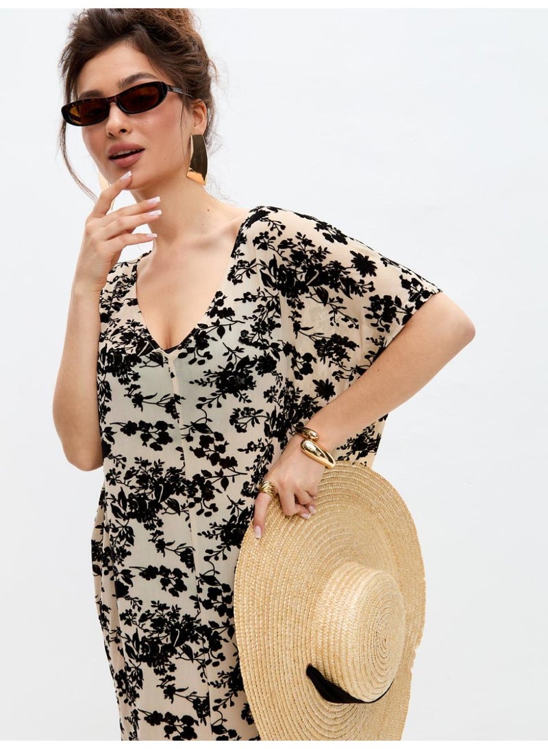 AURA Women’s Beige Velvet Floral Mesh Kaftan Dress – Sheer Beach Cover-Up, Resort Layering Midi Dress, Summer Vacation Outfit - Image 3