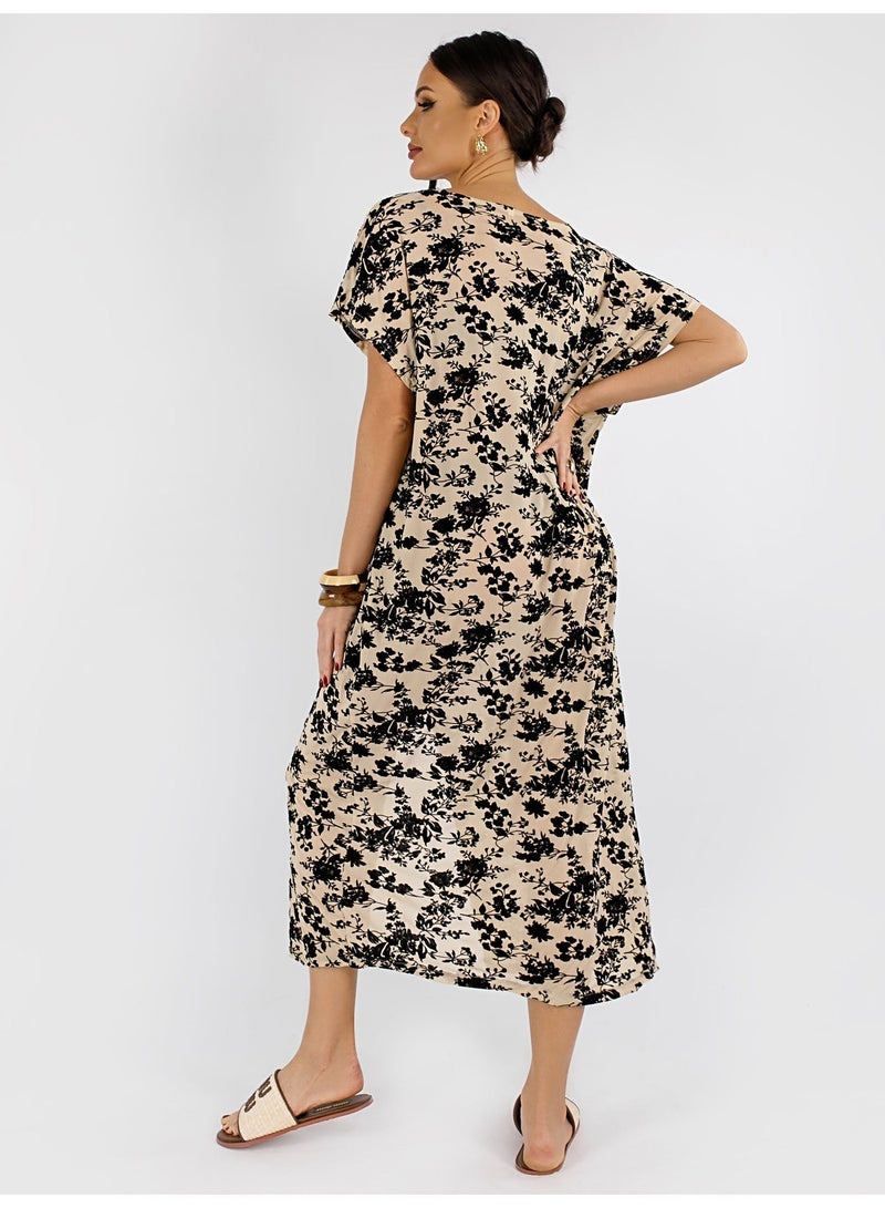 AURA Women’s Beige Velvet Floral Mesh Kaftan Dress – Sheer Beach Cover-Up, Resort Layering Midi Dress, Summer Vacation Outfit - Image 4