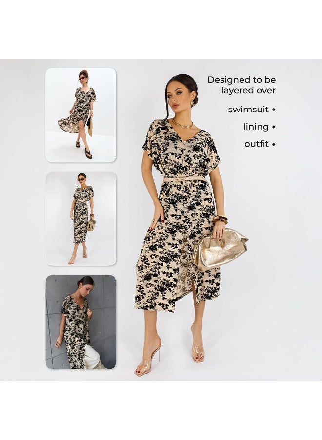 AURA Women’s Beige Velvet Floral Mesh Kaftan Dress – Sheer Beach Cover-Up, Resort Layering Midi Dress, Summer Vacation Outfit - Image 5