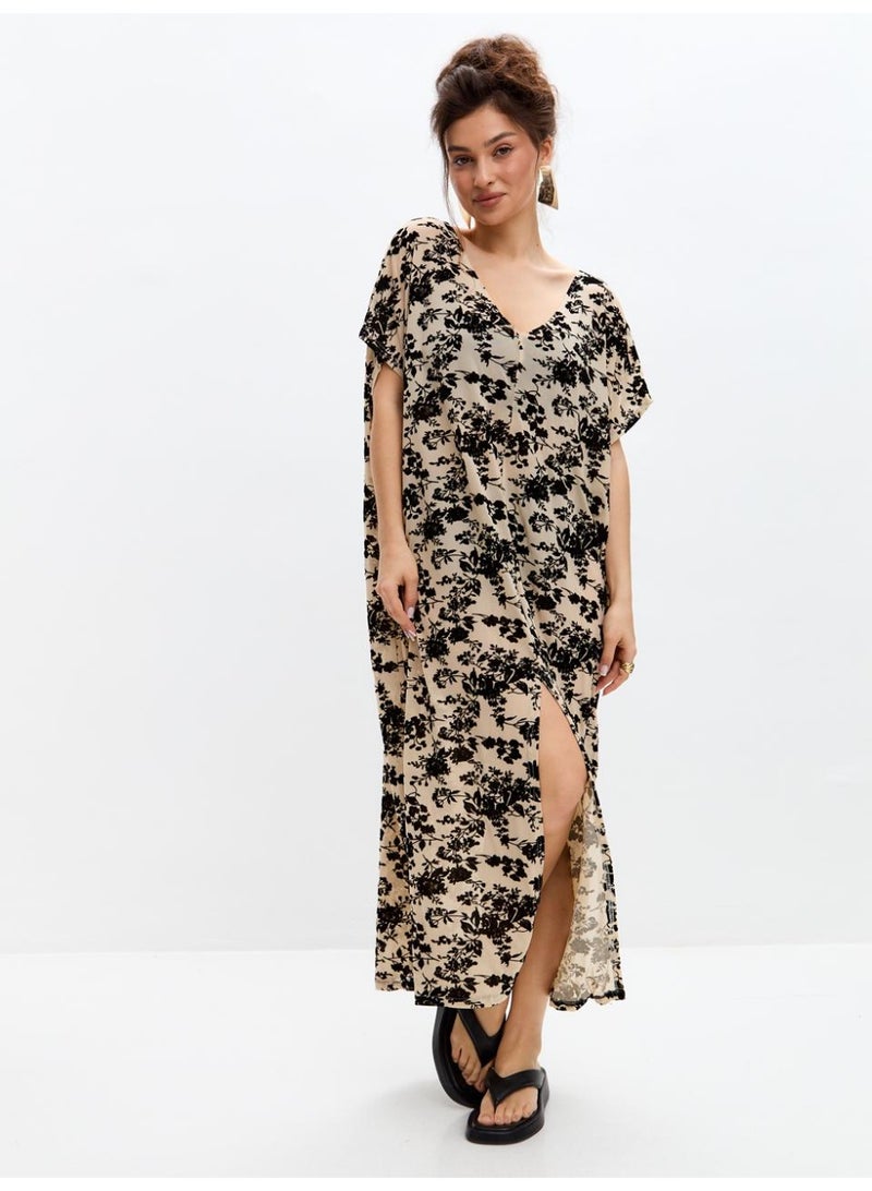 AURA Women’s Beige Velvet Floral Mesh Kaftan Dress – Sheer Beach Cover-Up, Resort Layering Midi Dress, Summer Vacation Outfit - Image 1