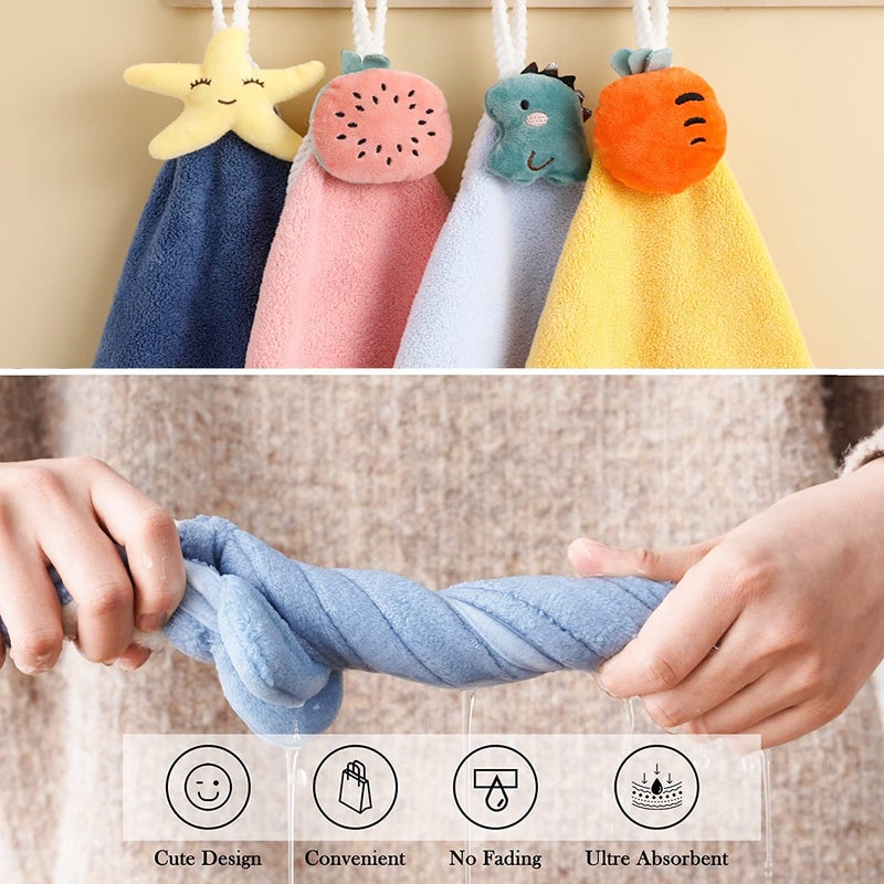 4 Pack Cute Kids Hand Towels with Hanging Loop, Plush Absorbent Toddler Animals Hand Towels Washcloth for Bathroom Kitchen Bedroom Fast Drying - Image 5