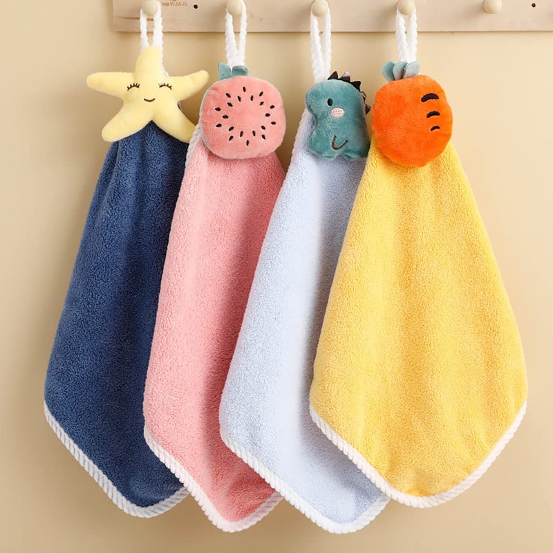 4 Pack Cute Kids Hand Towels with Hanging Loop, Plush Absorbent Toddler Animals Hand Towels Washcloth for Bathroom Kitchen Bedroom Fast Drying - Image 1