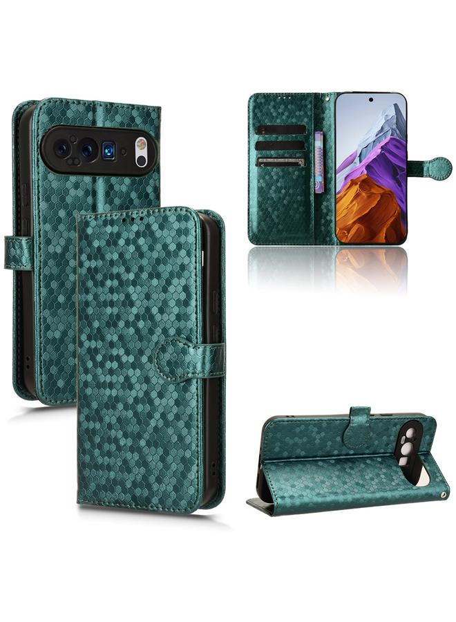 زبون جراب هاتف جلدي بنمط نقاط قرص العسل لهاتف Google Pixel 9 (أخضر)