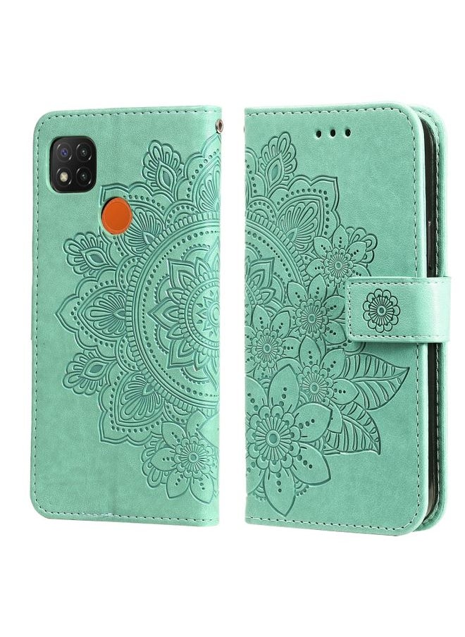 HuHa Case Cover For Xiaomi Redmi 9C 7-petal Flowers Embossing Pattern Horizontal Flip PU Leather Case with Holder & Card Slots & Wallet & Photo Frame Green 