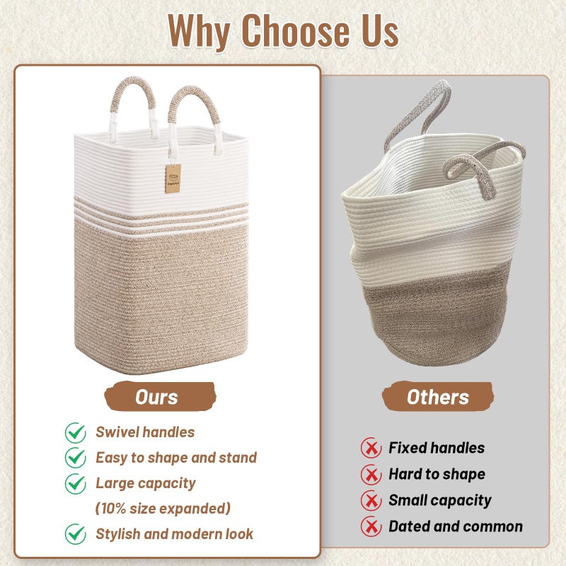 Degeyoyo Laundry Basket Hamper,Blanket Storage,Dirty Clothes Hamper with Swivel Handles,Woven Cotton Rope Toy Baskets,Blanket Basket Living Room,Decorative Hampers for Nursery,Bedroom,White & Linen,60L - Image 4
