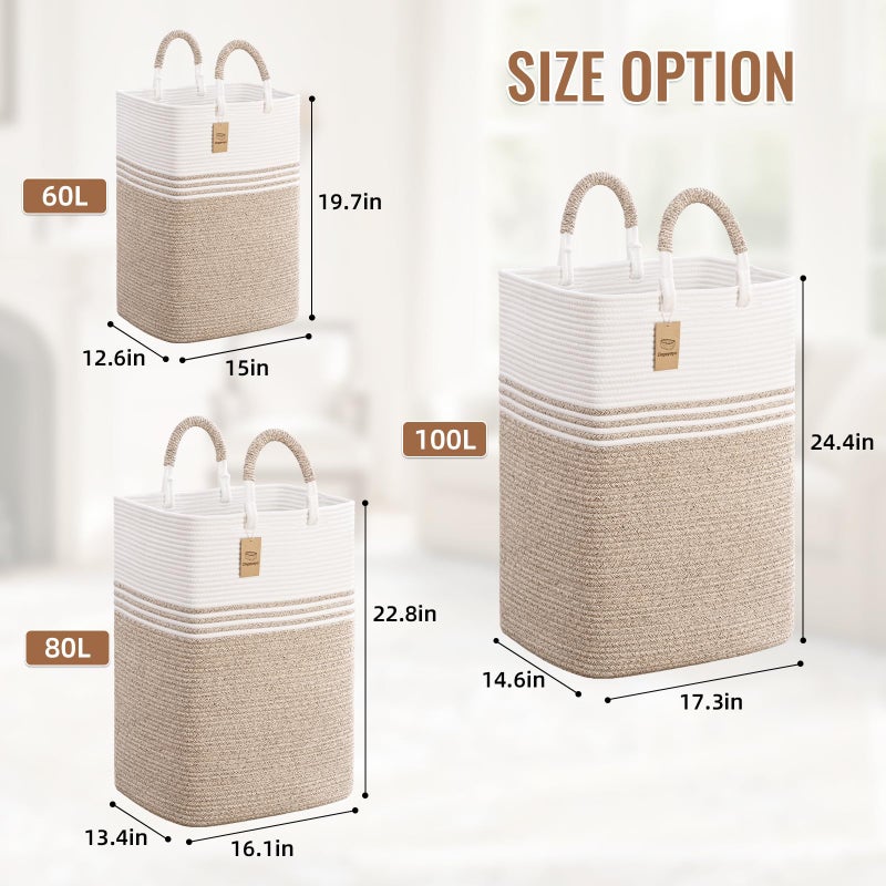 Degeyoyo Laundry Basket Hamper,Blanket Storage,Dirty Clothes Hamper with Swivel Handles,Woven Cotton Rope Toy Baskets,Blanket Basket Living Room,Decorative Hampers for Nursery,Bedroom,White & Linen,60L - Image 5