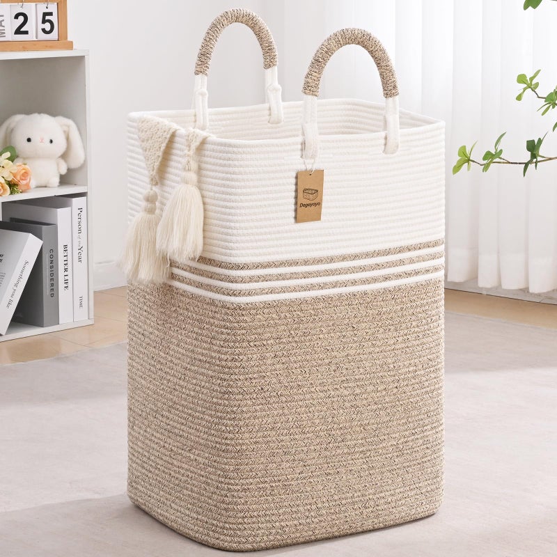 Degeyoyo Laundry Basket Hamper,Blanket Storage,Dirty Clothes Hamper with Swivel Handles,Woven Cotton Rope Toy Baskets,Blanket Basket Living Room,Decorative Hampers for Nursery,Bedroom,White & Linen,60L - Image 1