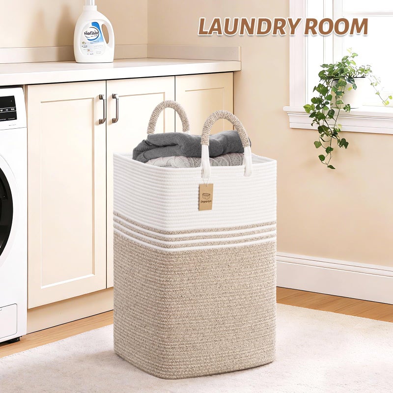 Degeyoyo Laundry Basket Hamper,Blanket Storage,Dirty Clothes Hamper with Swivel Handles,Woven Cotton Rope Toy Baskets,Blanket Basket Living Room,Decorative Hampers for Nursery,Bedroom,White & Linen,60L - Image 3