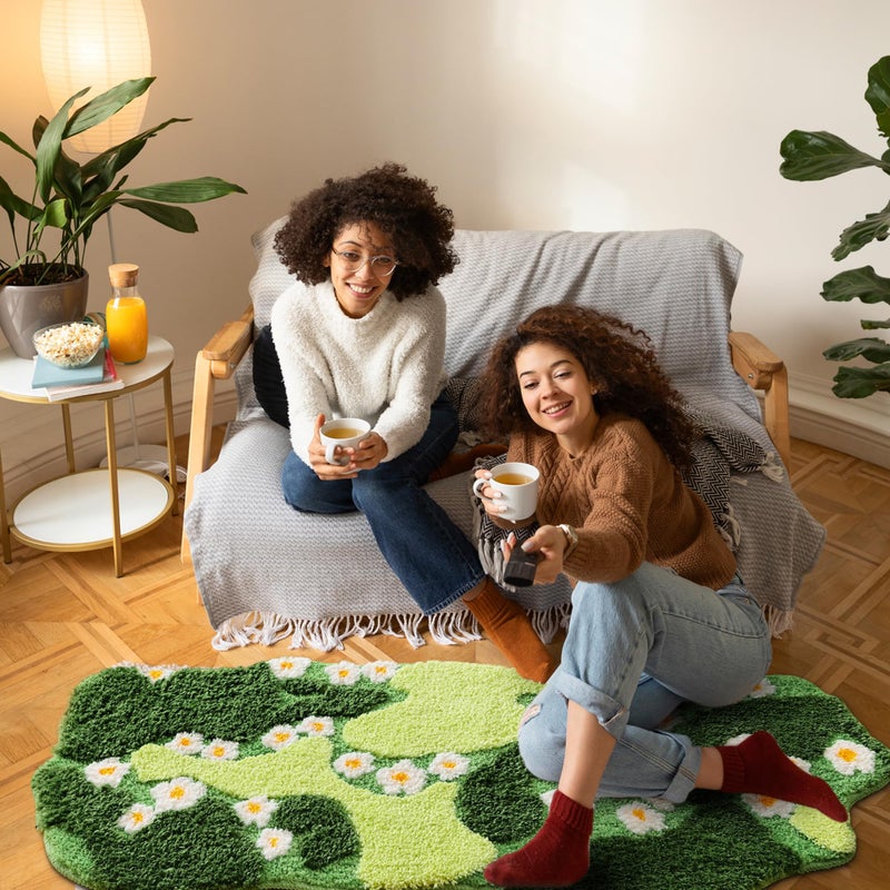 YIKUSH Bathroom Rugs Green Bath Mat Cute Moss Rug with Small White Flowers Non Slip Door Mat for Bedroom and Kitchen Soft Washable Rug Floral Bath Mats (43x20 inch) - Image 3