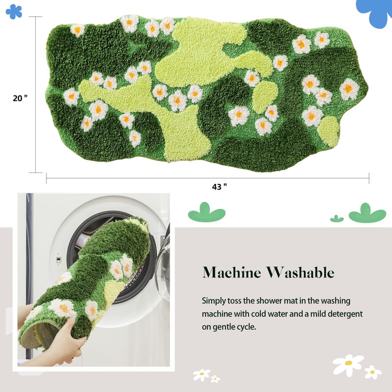 YIKUSH Bathroom Rugs Green Bath Mat Cute Moss Rug with Small White Flowers Non Slip Door Mat for Bedroom and Kitchen Soft Washable Rug Floral Bath Mats (43x20 inch) - Image 2