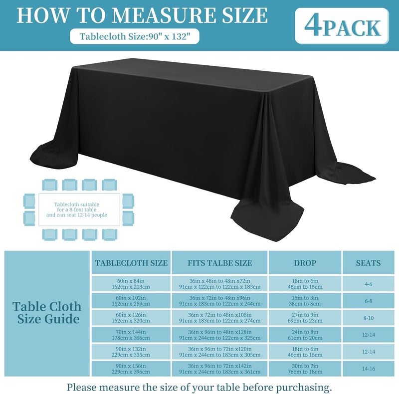 FXKS 4 Pack Black Rectangle Tablecloth 90 x 132 Inch, 8 FT Polyester Table Cloth,Stain and Wrinkle Resistant Washable Tablecloths Table Cover for Dining Table, Buffet Parties and Wedding - Image 3