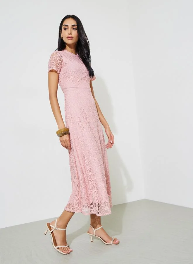 ستايلي Pink Solid Short Sleeves Lace A-Line Midi Dress