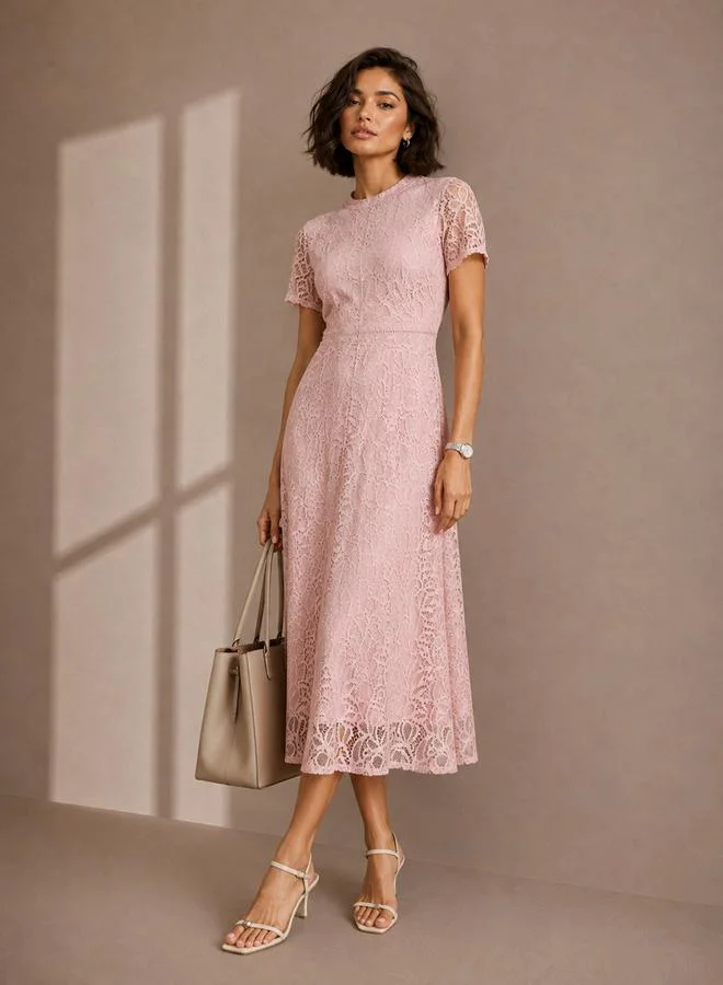 ستايلي Pink Solid Short Sleeves Lace A-Line Midi Dress
