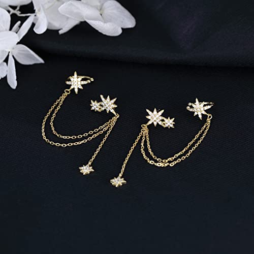 SLUYNZ 925 Sterling Silver Fashion Star Cuff Earring Chain for Women Star Crawler Earring Wrap Earrings (Pair-D-Gold) - Image 5