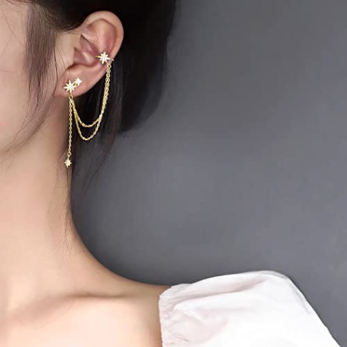 SLUYNZ 925 Sterling Silver Fashion Star Cuff Earring Chain for Women Star Crawler Earring Wrap Earrings (Pair-D-Gold) - Image 2