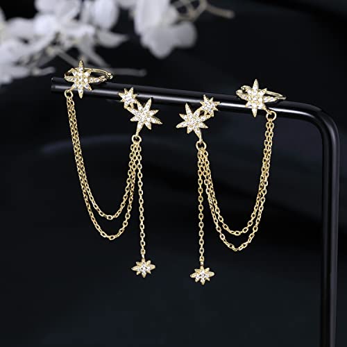 SLUYNZ 925 Sterling Silver Fashion Star Cuff Earring Chain for Women Star Crawler Earring Wrap Earrings (Pair-D-Gold) - Image 3