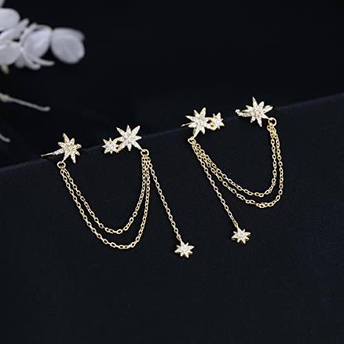 SLUYNZ 925 Sterling Silver Fashion Star Cuff Earring Chain for Women Star Crawler Earring Wrap Earrings (Pair-D-Gold) - Image 4