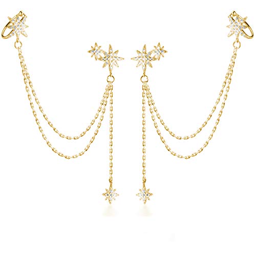 SLUYNZ 925 Sterling Silver Fashion Star Cuff Earring Chain for Women Star Crawler Earring Wrap Earrings (Pair-D-Gold) - Image 1