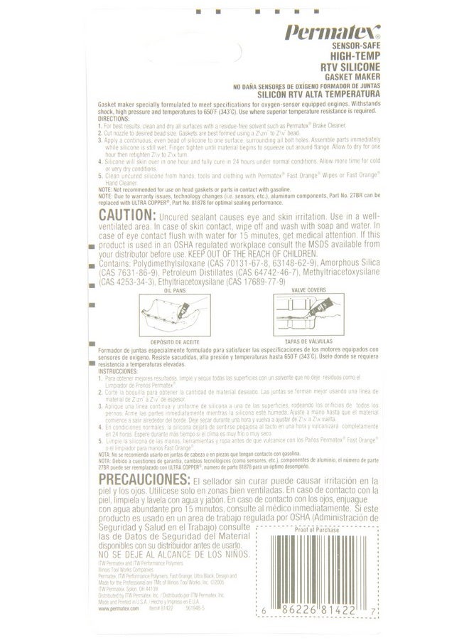 Permatex - 81422 Sensorsafe Hightemp Rtv Silicone Gasket Maker 3 Oz. - Image 1