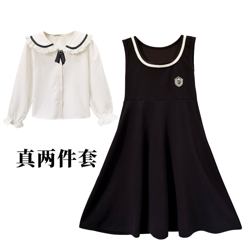 Girls' Preppy Style Long-Sleeved Dress 2025 Early Autumn New Doll Collar Princess Dress For Older Children, Fake Two-Piece Dress