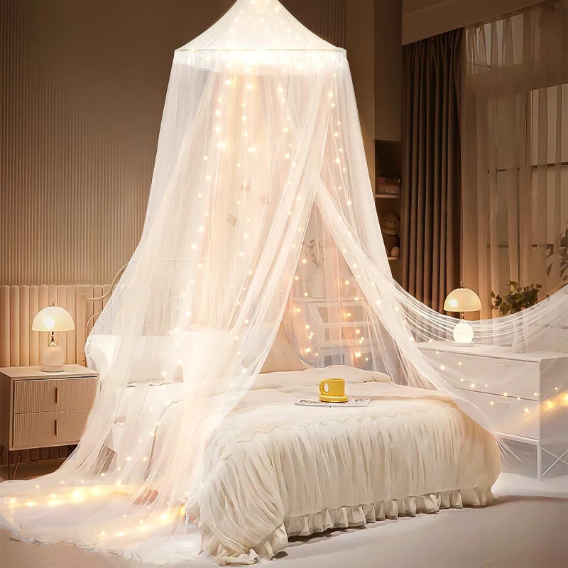 YEERSWAG Bed Canopy with Lights, Bed Canopy for Girls Princess with Luminous Stars, Canopy Bed Curtains for Twin Size Bed, Baby Kids Adult Indoor Decor Bedroom Reading Nook Outdoor Camping, White - Image 1