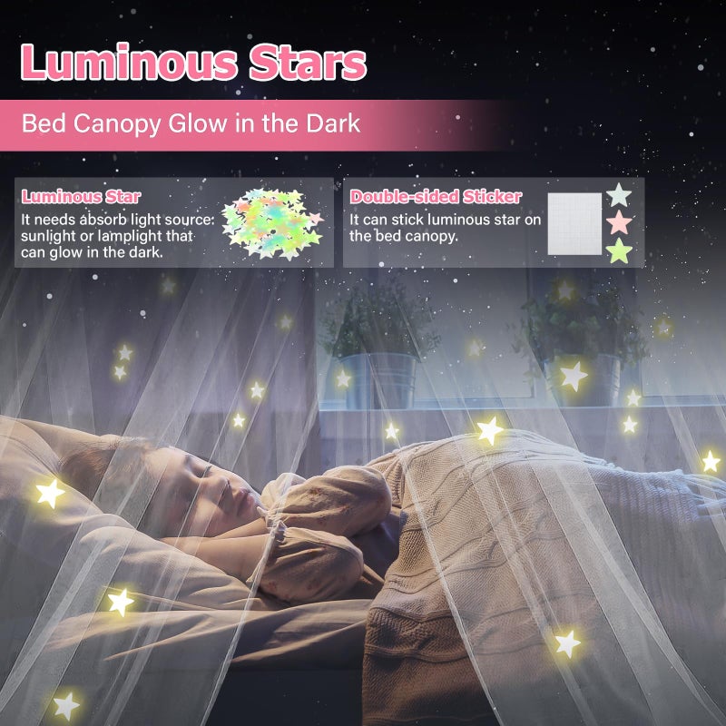 YEERSWAG Bed Canopy with Lights, Bed Canopy for Girls Princess with Luminous Stars, Canopy Bed Curtains for Twin Size Bed, Baby Kids Adult Indoor Decor Bedroom Reading Nook Outdoor Camping, White - Image 3