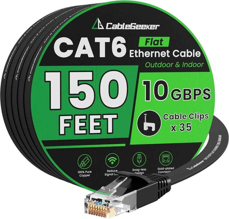 CableGeeker Cat 6 Ethernet Cable Black 150 ft (at a Cat5e Price but Higher Bandwidth) Flat 10Gbps Internet Network Cable - Cat6 Ethernet Patch Cable Short - Computer LAN Cable with Snagless RJ45 Connectors - Image 1
