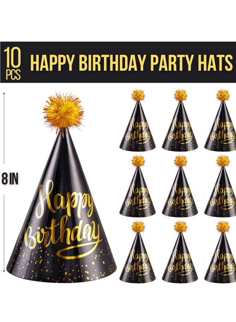 واي آند دي Birthday Party Hats Fun Celebration Kit of 10 Black and Gold Happy Cone for Kids Supplies Decorations - Image 4