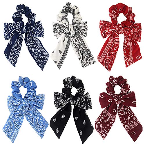Cutewing Paisley Hair Scrunchies with Bow Hair Scarves Scrunchy Ponytail Holder Elastics Hair Bands Ribbon Hair Tie for Women Girls with 6PCS - Image 1