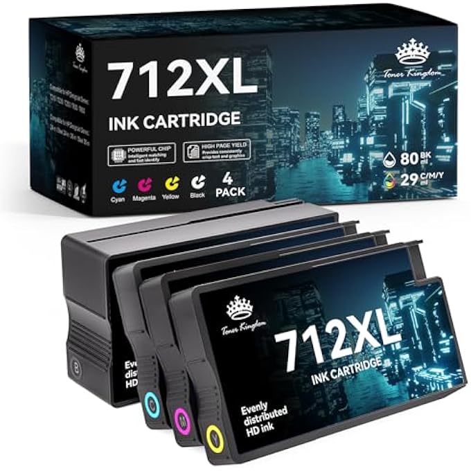 TK REMAUNFACTURED FOR HP 712 INK CARTRIDGES REPLACEMENT FOR HP 712 712XL WORKS WITH HP DESIGNJET T210 T230 T630 T650 STUDIO PLOTTER PRINTERS (4 COLOR MULTIPACK: BLACK/CYAN/MAGENTA/YELLOW) - Image 1