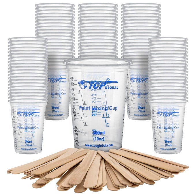 10 OUNCE 300ML DISPOSABLE FLEXIBLE CLEAR GRADUATED PLASTIC MIXING CUPS BOX OF 100 CUPS 50 MIXING STICKS USE FOR PAINT RESIN EPOXY ART KITCHEN MEASURING RATIOS 21 31 41 ML
