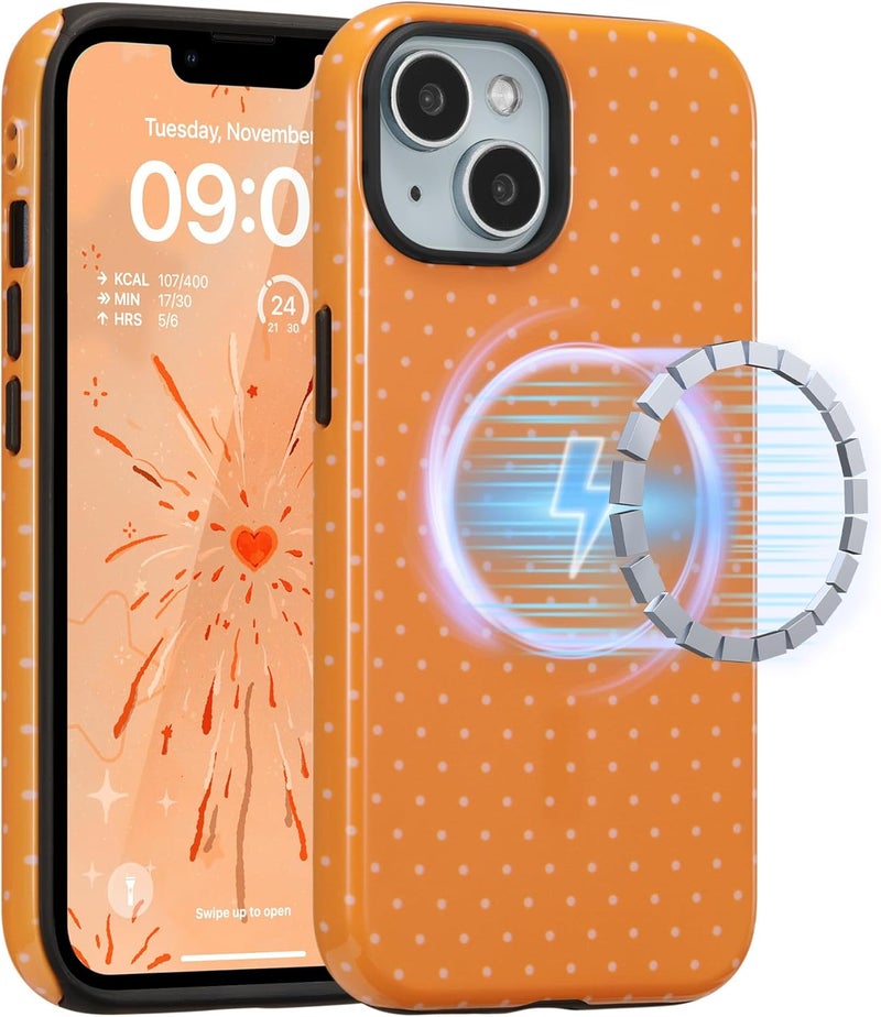 حافظة مغناطيسية من لهاتف iPhone 15، بتصميم نقاط متناثرة جميل، غطاء واقي ناعم من البلاستيك الخالي من الرصاص (TPU)، مقاوم للصدمات، أنيق، مناسب للفتيات والنساء – اللون البرتقالي. - Image 1