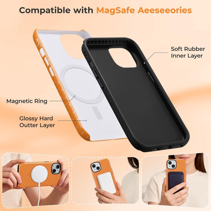 حافظة مغناطيسية من لهاتف iPhone 15، بتصميم نقاط متناثرة جميل، غطاء واقي ناعم من البلاستيك الخالي من الرصاص (TPU)، مقاوم للصدمات، أنيق، مناسب للفتيات والنساء – اللون البرتقالي. - Image 3
