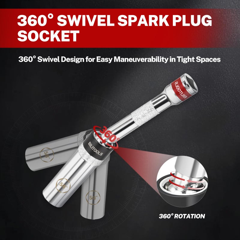 BILITOOLS 5/8-inch Magnetic Spark Plug Socket Swivel Thin Wall Spark Plug Socket 3/8-inch Drive x 6" Total Length with 6-Point, CR-V - Image 4