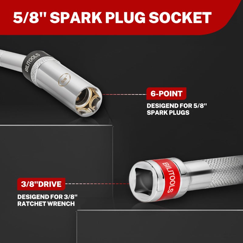 BILITOOLS 5/8-inch Magnetic Spark Plug Socket Swivel Thin Wall Spark Plug Socket 3/8-inch Drive x 6" Total Length with 6-Point, CR-V - Image 3