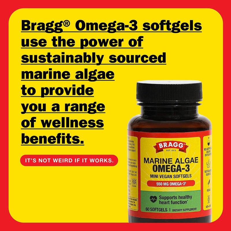 Bragg Omega3 Supplement Capsules with DHA and EPA  60 Vegan Softgels  SustainablySourced Marine Algae  Supports Eye and Brain Health - Image 2